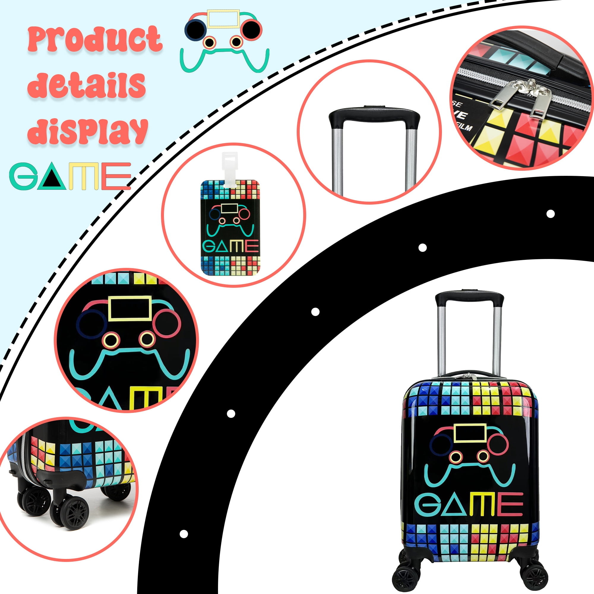 Kids Carry on Luggage Sets with Neck Pillow Airplane Small Hardshell Kids' Suitcases for Boys with Wheels Travel Essentials for Kids 16 Inch Black Suitcase