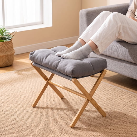 iFaveorr Folding Bamboo Footrest Stool, Removable Soft Cushioned Foot Stool, X‑Shape Stable Foot Rest for Sofa Couch Desk, Space‑Saving Portable Footstool for Living Room Bedroom