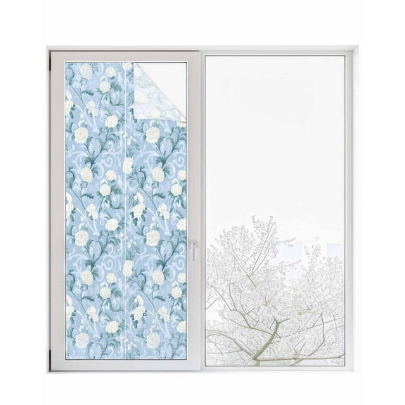 Window Privacy Film Blue Flowers Stained Glass Window Film Decorative Sun Block Window Cover Farmhouse Botanical White Floral Leaves Window Clings Static Adhesive Sticker for Bathroom 23.6"x59"