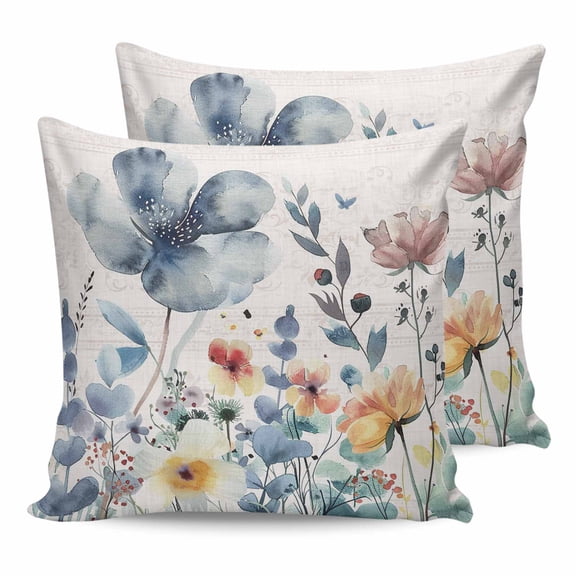 Pillow Covers 20x20 Set of 2, Blue Spring Floral Throw Pillow Covers Decorative Couch Cushion Cover, Vintage Watercolor Summer Botanical Microfiber Soft Square Pillowcases for Bedroom Sofa