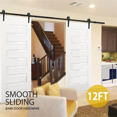 Yaheetech 12ft Sliding Barn Door Closet Hardware Set Black Wood Antique Style Double Track Kit System