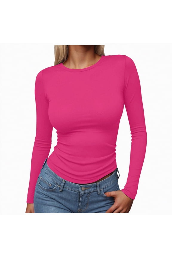 Casual Tops for Women Women's Thermal Long Sleeve Shirts, Fleece Scoop Neck Fitted Top Stretchy Thumb Holes Undershirt Baselayer Tee Hot Pink,XS