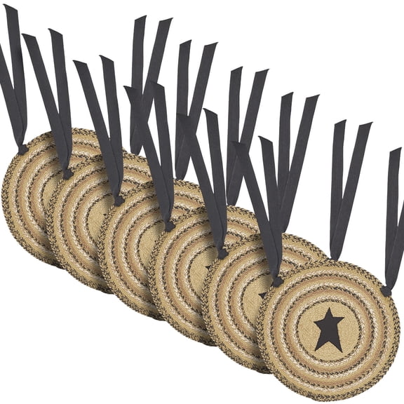 VHC Brands Kettle Grove Woven Jute Chair Pad with Ties, 15" Round, Applique Star, Set of 6