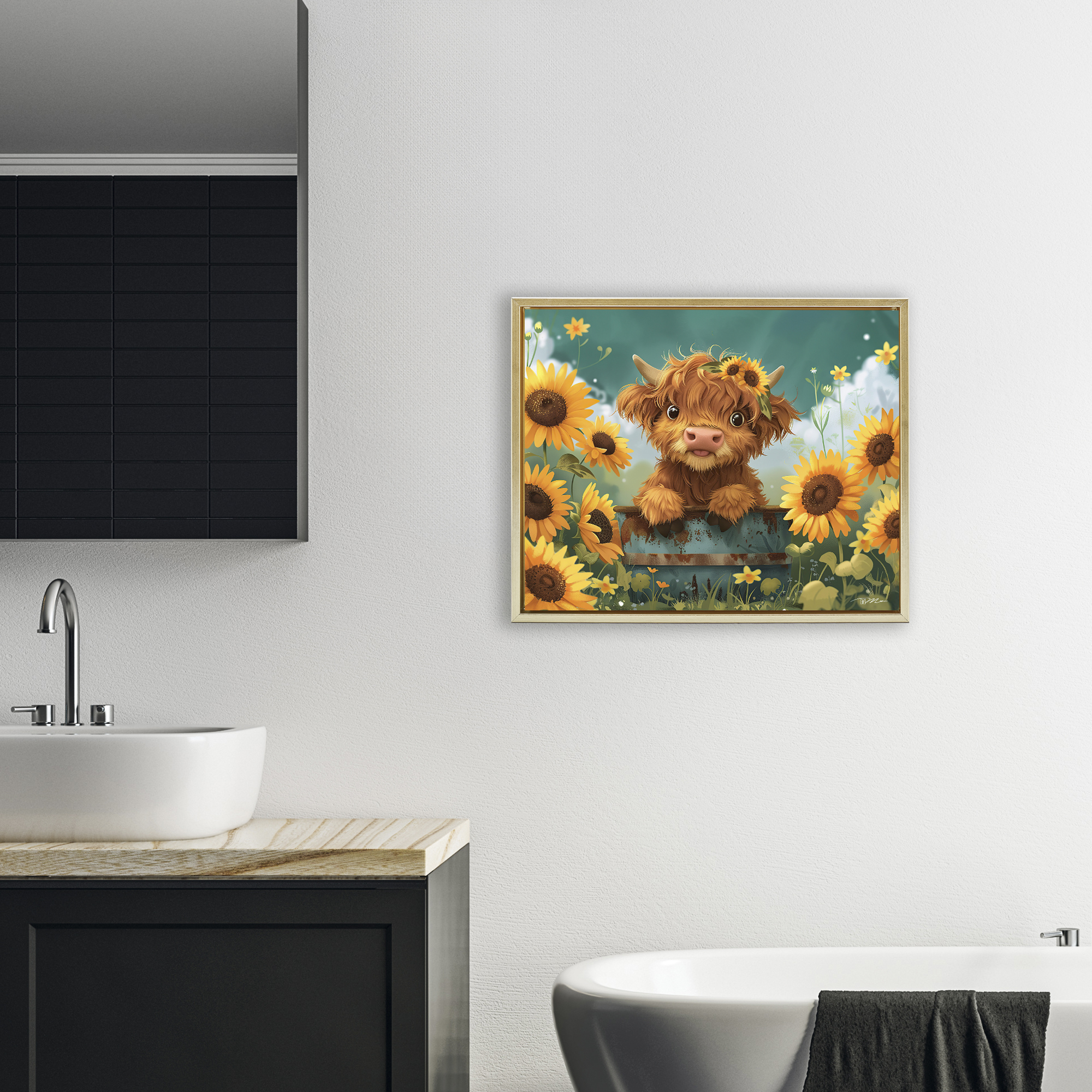 Cute Happy Highland Cow Gold Framed Floater Canvas Wall Art, design by Momart