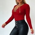 thumbnail image 4 of Sexlip Womens V Neck Long Sleeve Blouse Lace Up Front Design Stretchy Fabric Slim Silhouette for Evening Occasions Red L, 4 of 6