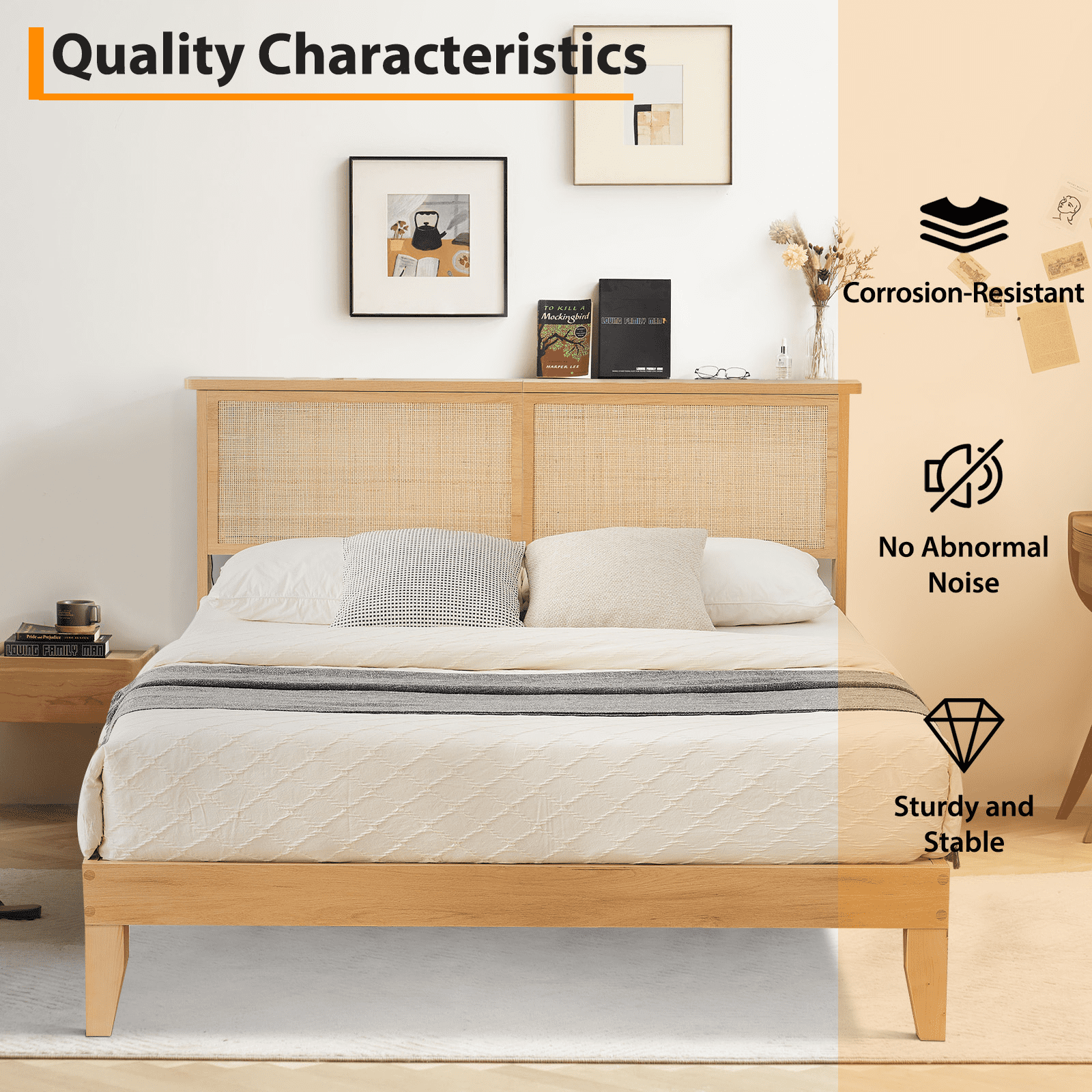 Rattan Queen Bed Frame, Queen Size Bed Frame with Natural Rattan Headboard, Platform Bed Frame with LED Lights, Under Bed Storage and Wooden Legs Support, Noise-Free, No Box Spring Needed