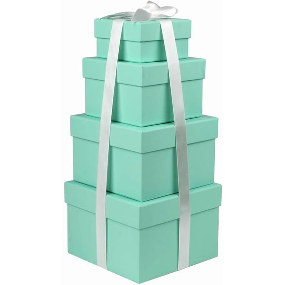 Square Gift Boxes with Lids Set of 4 Teal Green Gift Box Assorted Sizes Nesting Gift Boxes for Presents Birthday Bridesmaid Wedding Valentines Christmas Party Favor Boxes