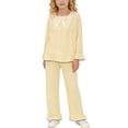 thumbnail image 2 of FRSASU Girls Summer 2 Piece Outfits Long Sleeve Loose Lace Blouse and Long Pants Matching Sets for 3-15 Years Beige, 2 of 8