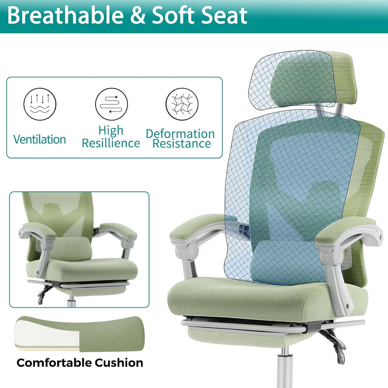 Casabay Ergonomic Home Office Desk Chair, High Back Mesh Reclining Swivel Chair with Footrest & Armrest for Back Pain Relief, Green