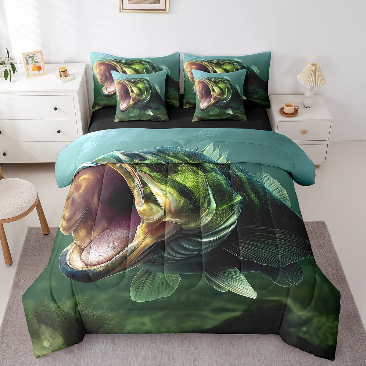 YST Big Bass Fish 7-Piece Comforter Set, Sea Ocean Animal Bed in a Bag, Queen