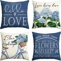 Hello Love Blue Hydrangea Bicycle Throw Pillow Covers, 18 x 18 Inch Flowers Summer Spring Mother''s Day Cushion Case for Sofa Couch Set of 4