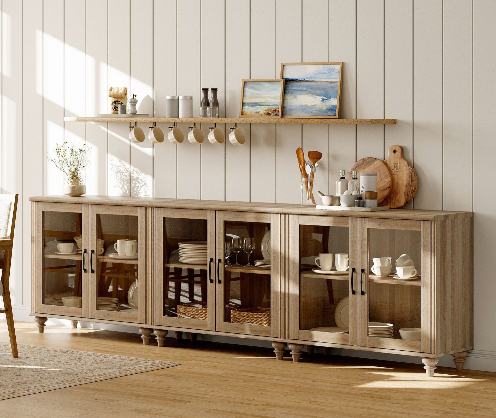 Oak Buffet Cabinet with 6 Glass Doors, Kitchen Storage Cabinets with Adjustable Shelf, 101 inch