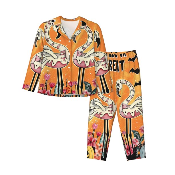 Fotbe Halloween Flamingos Conjunto de Pijama de Manga Larga para Mujer con Estampado, Ropa de Dormir de 2 Piezas, Conjunto de Casa Suave y Cómodo con Bolsillos-X-Large