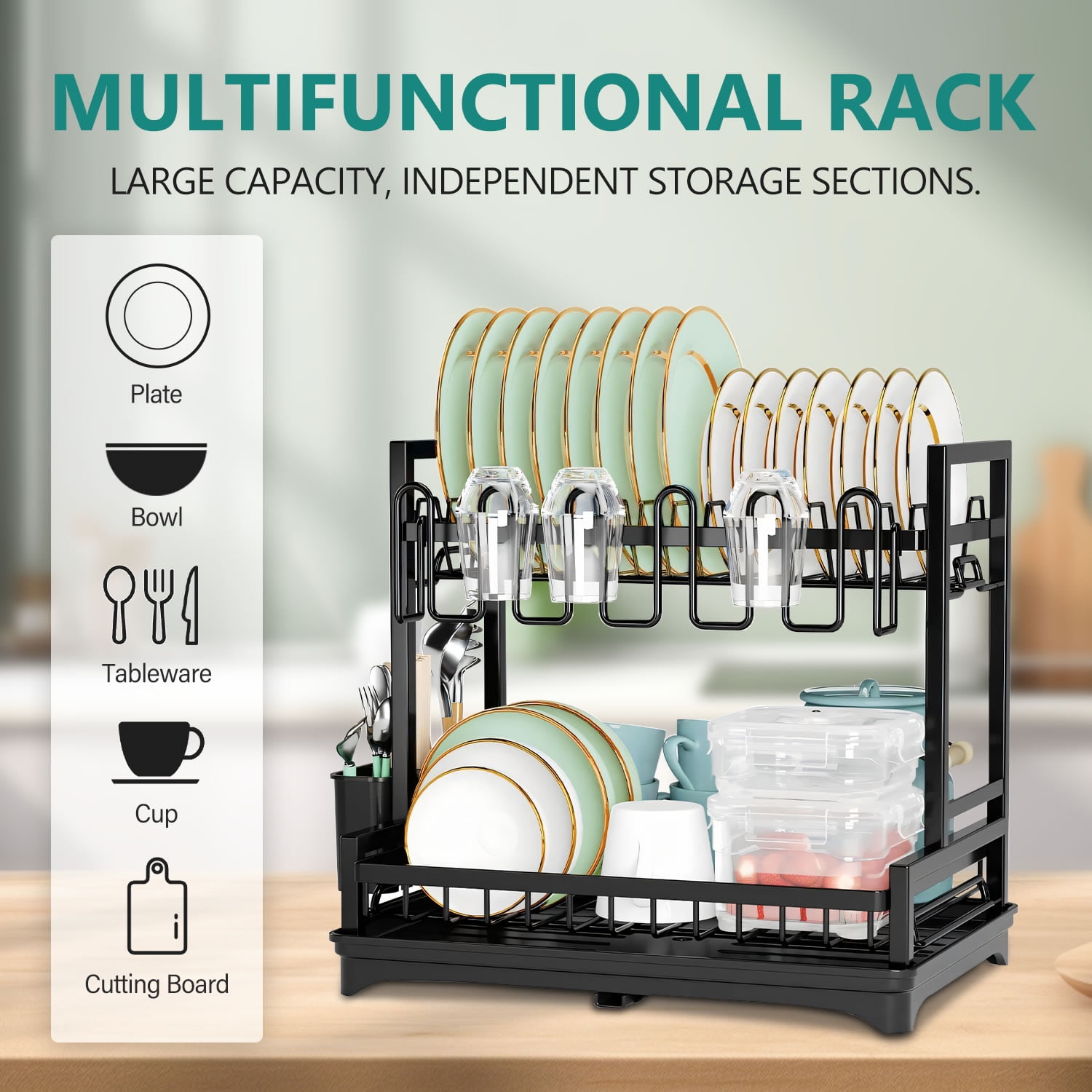 Stelive 2-Tier Dish Drying Rack Dish Drainer Dish/Cup/Cutting Board Cutlery Holder Dish Drainer Rack Multifunctional Storage Rack w/Drainboard & 360° Telescopic Drain Pipe for Kitchen (Black)