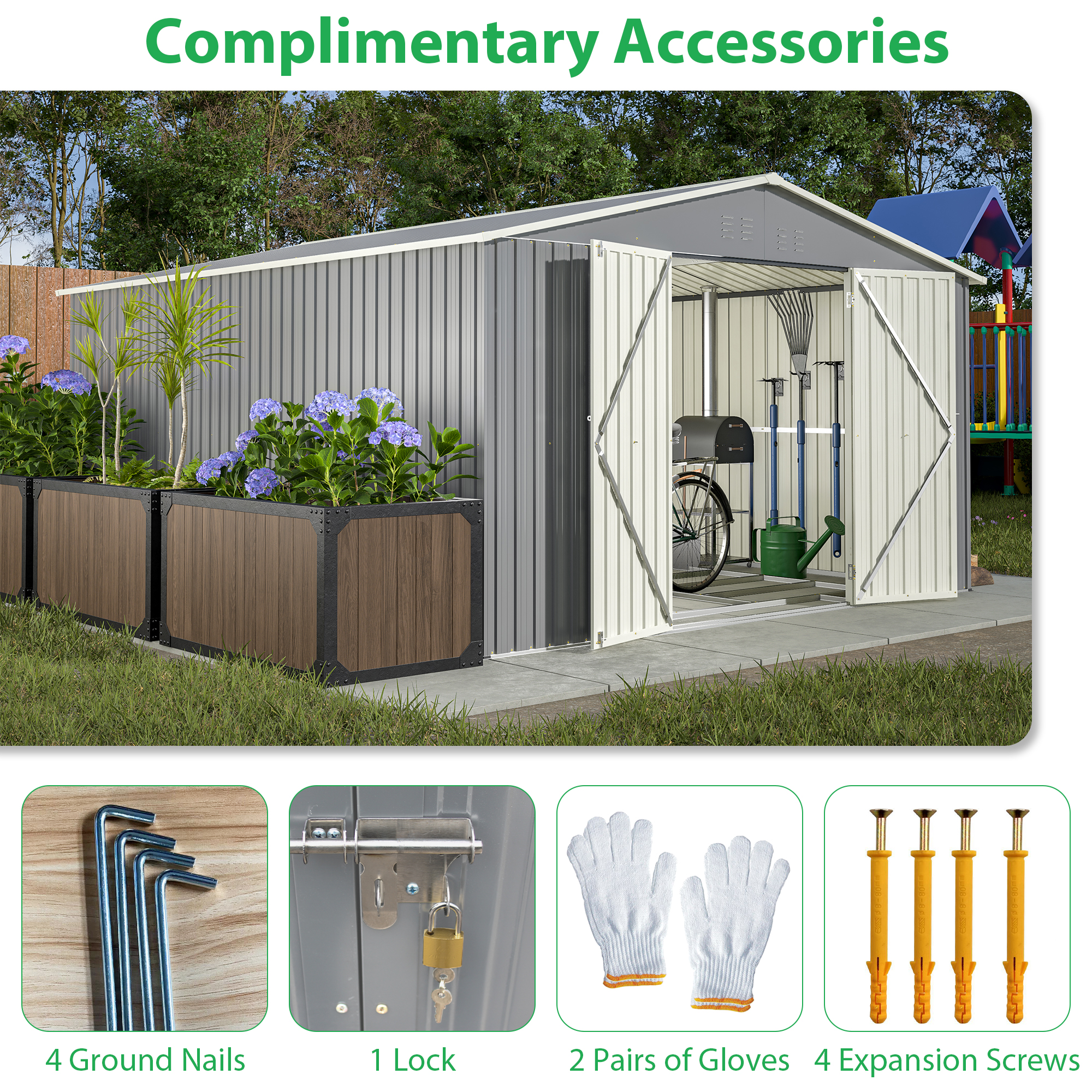 LZBEITEM 11 x 13 ft. Outdoor Storage Shed，Galvanized Steel Garden Shed，Metal ShedsGarden Tool Shed with Double Lockable Doors for Backyard Patio Lawn,Gray - image 3 of 13