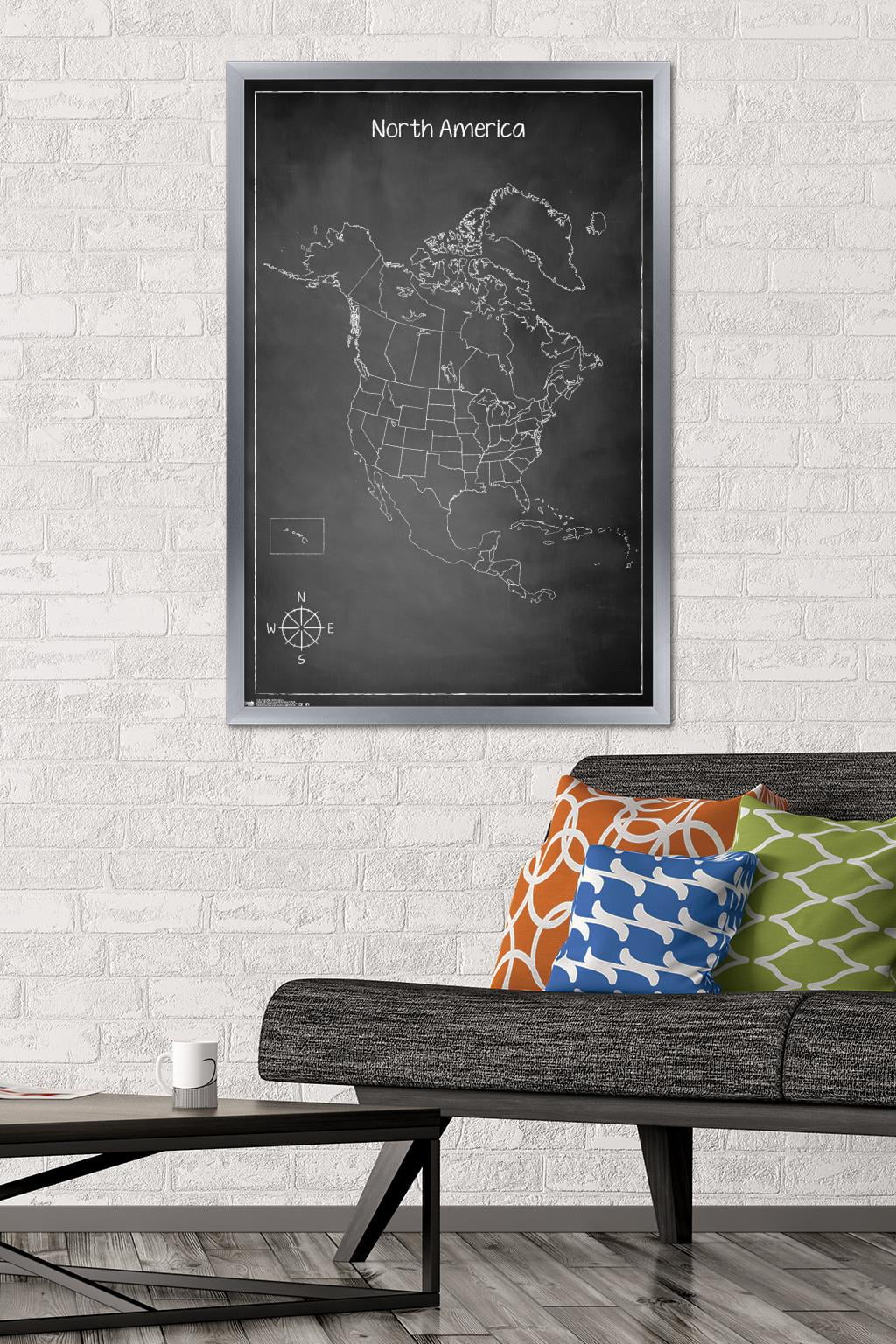 Chalk Map - North America Wall Poster, 22.375" x 34", Framed