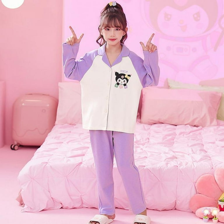 Sanrio Anime Hello Kitty Girls Pajamas Cinnamoroll Kuromi Nightwear Kids  Pure Cotton Sleepwear Spring Autumn Children Homewear 