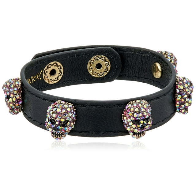 Betsey Johnson Halloween Black Leather with Multi-Color Stone Skulls Wrap Bracelet