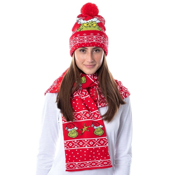 Dr. Seuss The Grinch Who Stole Christmas Knit Scarf & Pom Beanie Set