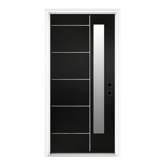 36 in" x 80 in" Flush Left-Hand/Inswing 1-Lite Frosted Glass Black Fiberglass Front Door Slab with Frame, Threshold