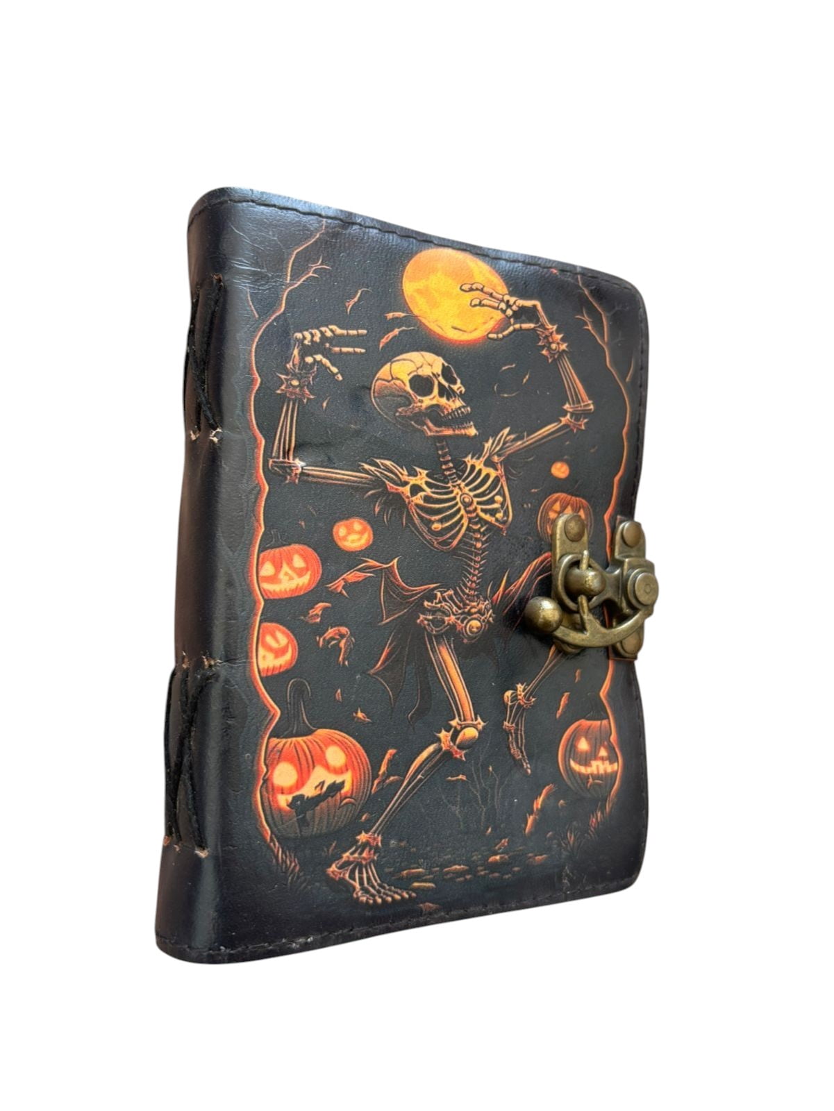 Handmade Leather Journal with Skeleton & Pumpkin Design – 200 Deckle Edge Pages, Vintage Lock Diary, Gothic Halloween Notebook