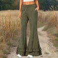 thumbnail image 2 of Women's High Waist Double Tier Ruffle Hem Flare Pants, Soft Bell Bottom Trousers with Pockets, Stretchy Casual Wide Leg Lounge Pants for Daily Wear Blackish Green L, 2 of 4