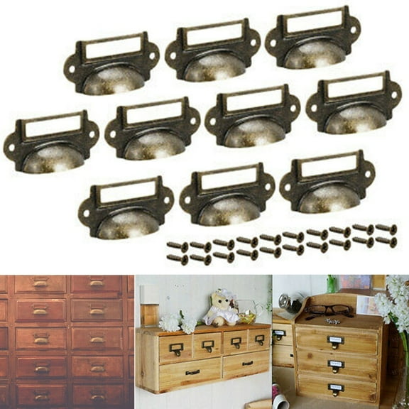 AFQH 10pcs Cabinet Handle Drawer Handle With Label Holder Vintage Brass With Screw Jewelry Box Archives Cabinet Medicine Cabinet