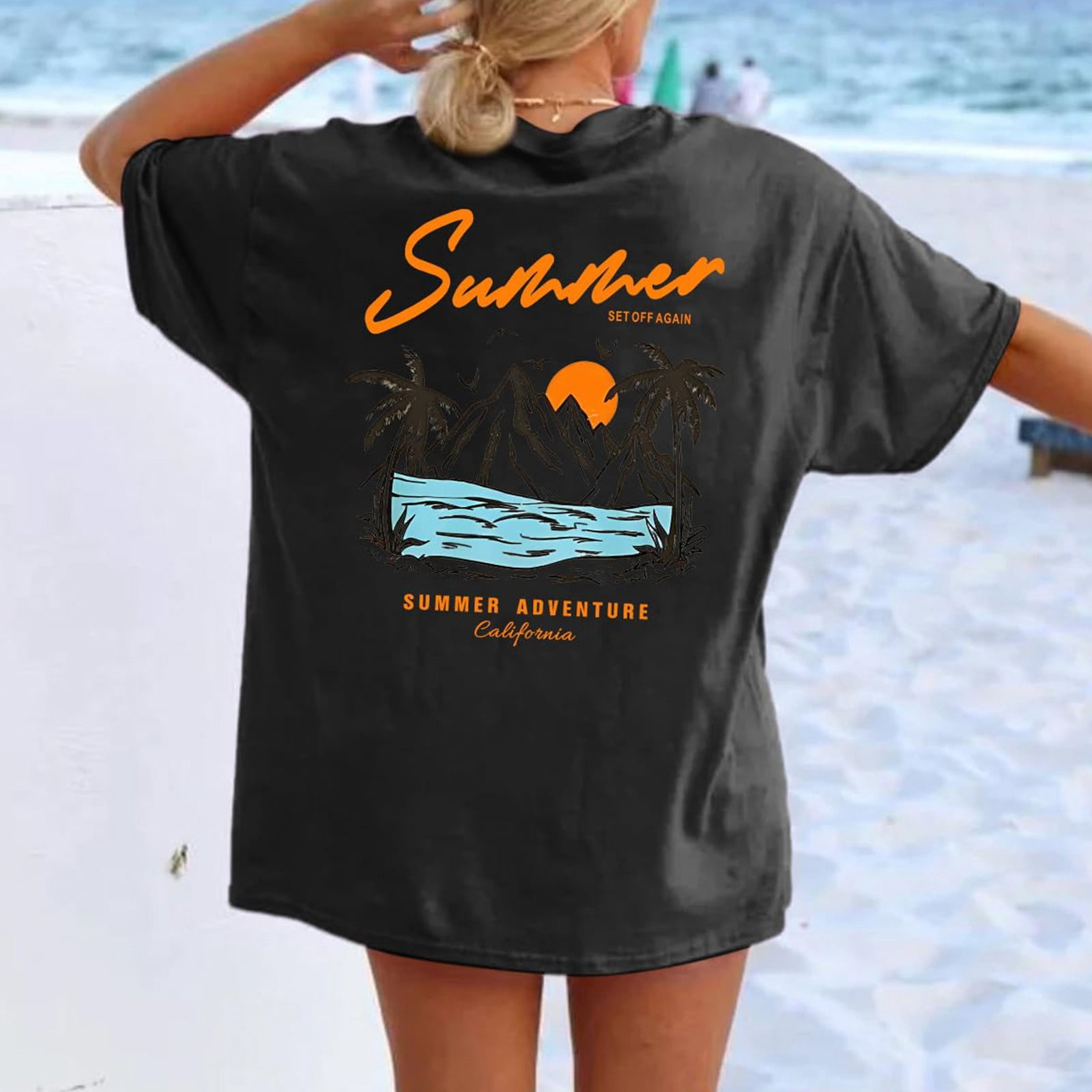 T-shirt Femme Surdimensionné Imprimé Dauphins – Épaules Dénudées, Manches Mi-longues, Polyester, Taille S à 2XL