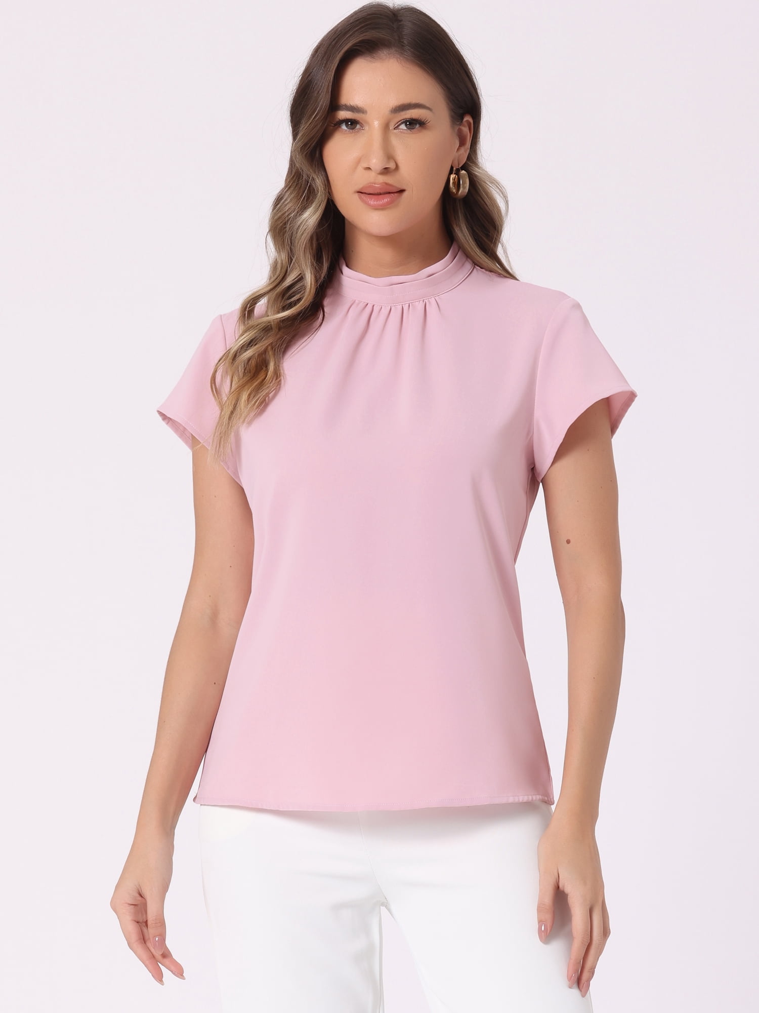 DARING DIVA Women's Mock Neck Cap Sleeve Basic Solid Blouses M Pink