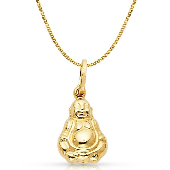14K Yellow Gold Plain Buddha Charm Pendant with 1.5mm Flat Open Wheat Chain Necklace