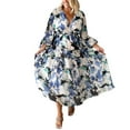 thumbnail image 3 of PENGXIANG Femmes Boho Floral Midi Robe Puff Sleeve V Cou Smocked Robes Longues Flowy Couches Robes d'Été, 3 of 9