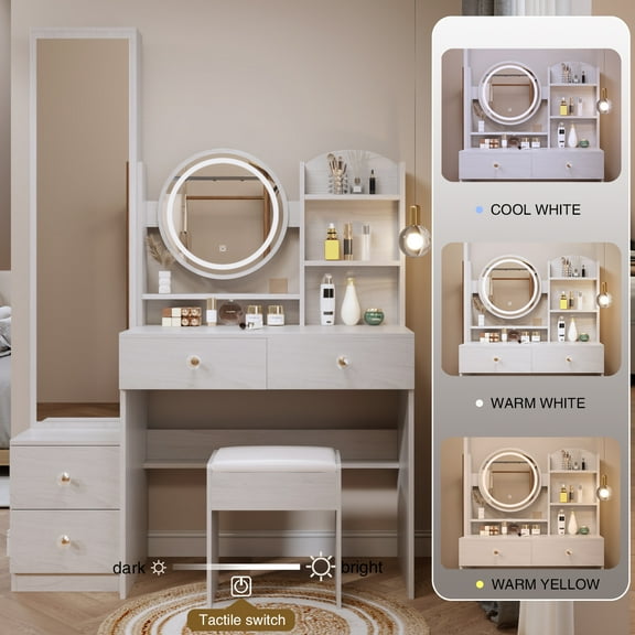 Dressing table with Mirror and Stool, White Vanity Table with Full Body Mirror Cabinet and Shelf for Living Room