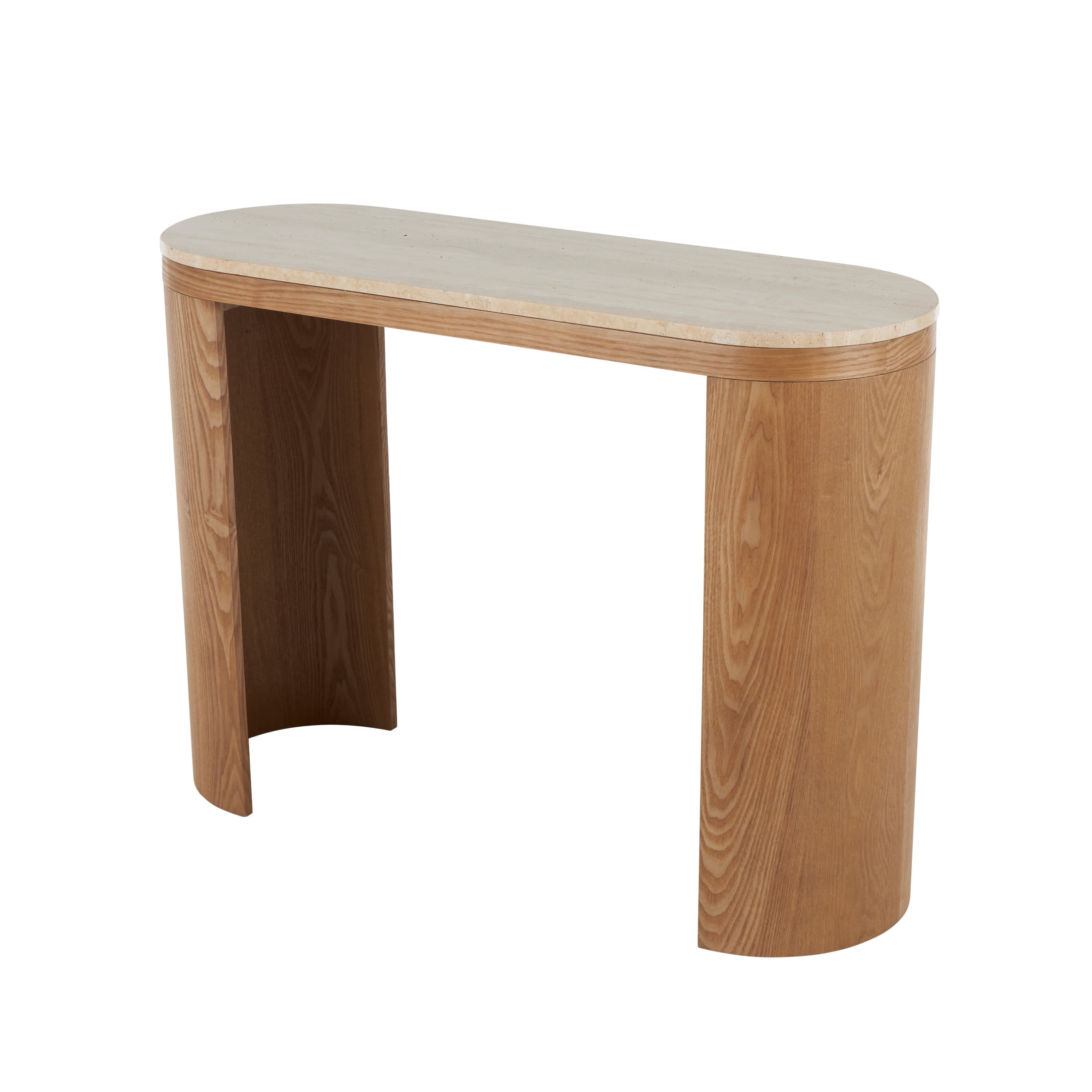 DecMode 44" x 32" Brown Wood Curved Crescent Console Table with Oval Beige Marble Tabletop, 1-Piece