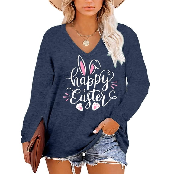 Brythos Women's V-Neck Easter T-Shirt Plus Size Long Sleeve Rabbit Design Shirt