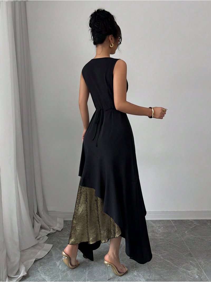 Women's black and gold asymmetric hem dress, with detachable chain shoulder  strap-sleeveless wedding guest dress with one shoulder V-neck, laminated  ruffles and slim waist design, suitable for partie - Walmart.com