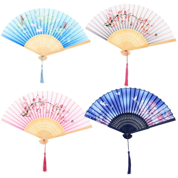 said 4pcs Chinese Folding Hand Fan Decorative Performance Hand Fan Antique Tassel Folding Fan