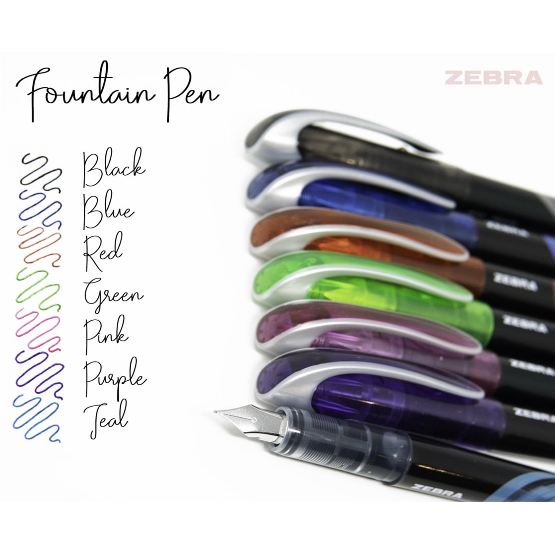 Zebra Fountain Pen, Fine Point, 0.6mm, Assorted Colors, Non-Toxic Ink, 7-Count, Model Number: 48307