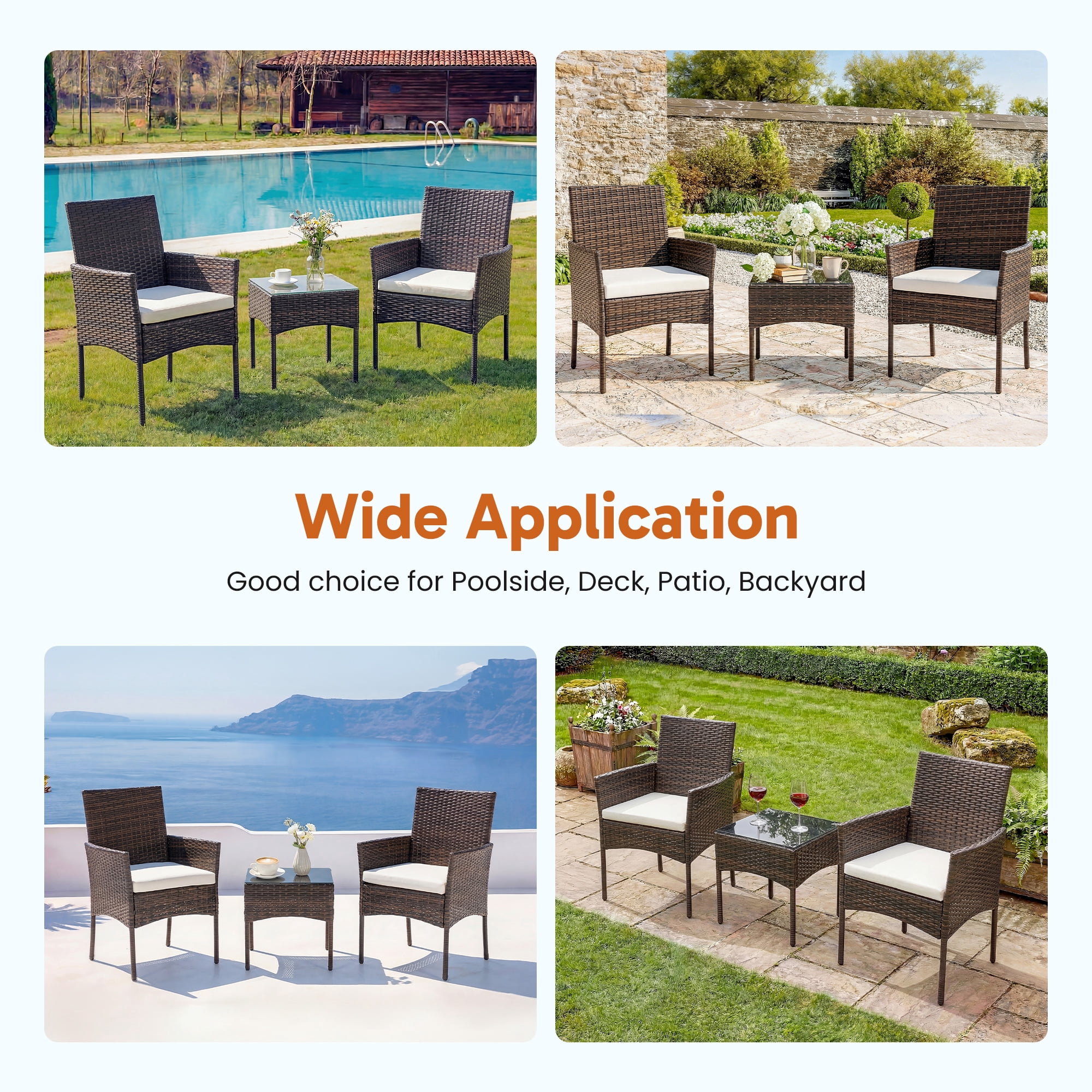 EDX 3-Piece Patio Conversation Set, All-Weather PE Rattan Outdoor Furniture with Wicker Chairs, Tempered Glass Table, Washable Cushions, Brown/Beige