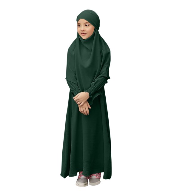 RXMEKW Muslim Dress Set With Shawl for Girls Long Sleeve Round Neck Ruffle Dress 2-Piece Outfit Pink