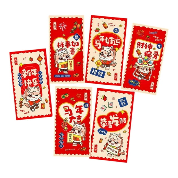 Juego de 6 Sobres Rojos Del Festival de Primavera | Diseño Del Año Del Caballo | Papel Artístico Grueso | Resistente Al Desgarro | Tinta Segura y No Tóxica | Ideal para Regalos Del Año Nuevo Lunar, p