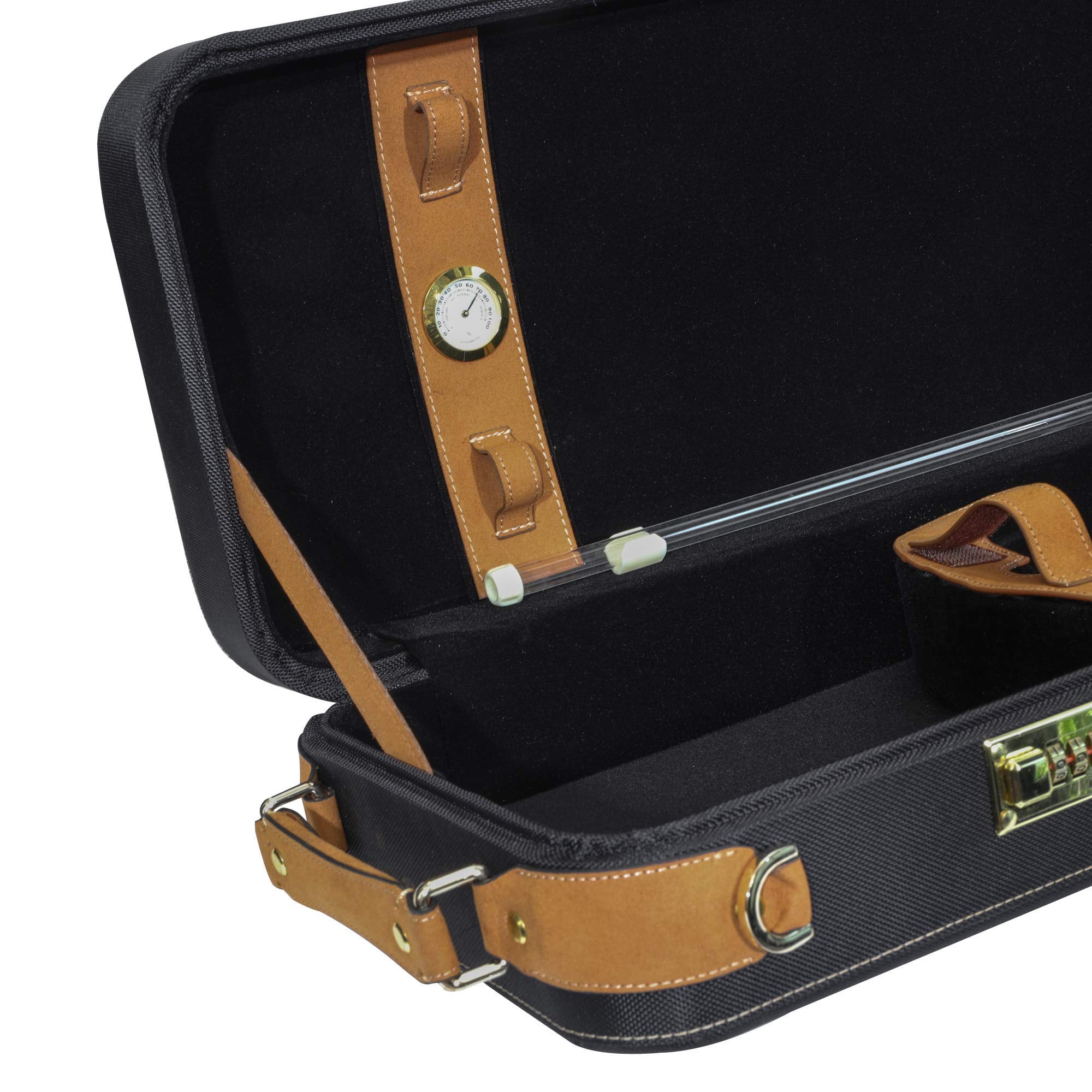 MI&VI Deluxe Hardwood Violin Travel Case 4/4 (Full Size) With Leather Handles | Adjustable Shoulder Straps | Thermal Insulation | Oblong Shape | Photo Pocket | Hygrometer- By MIVI Music (Brown/Black)