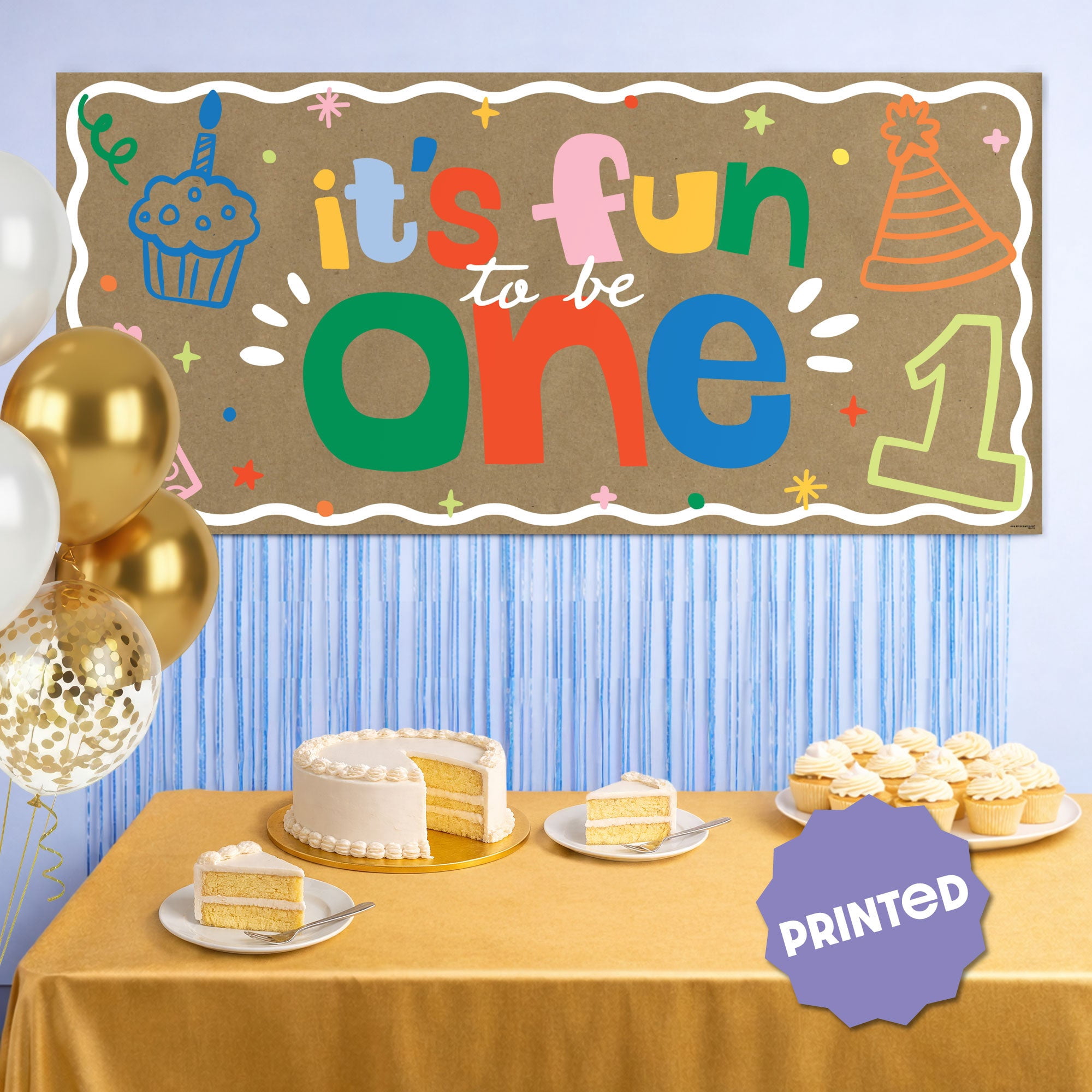 Big Dot of Happiness One is Fun 1st Birthday Kraft Paper Banner, Colorful First Birthday Party Welcome Banner, Printed Brown Paper Party Sign Decoration – 1 Count