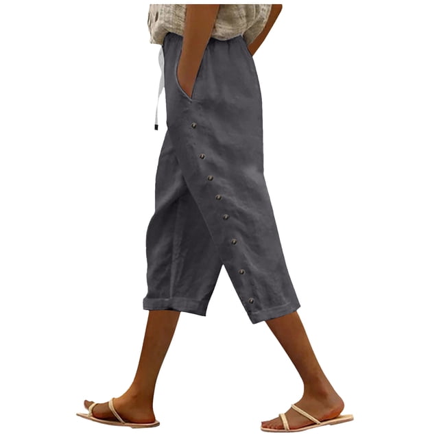 Womens Workout Pants Casual Elastic Waist Solid Color Loose Side Button Decoration Versatile Capris Dark Gray XL