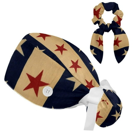 

Working Cap with Buttons and Sweatband Scrub Hat Bouffant Caps with Scrunchie American Flag Stars Tie Back Hats
