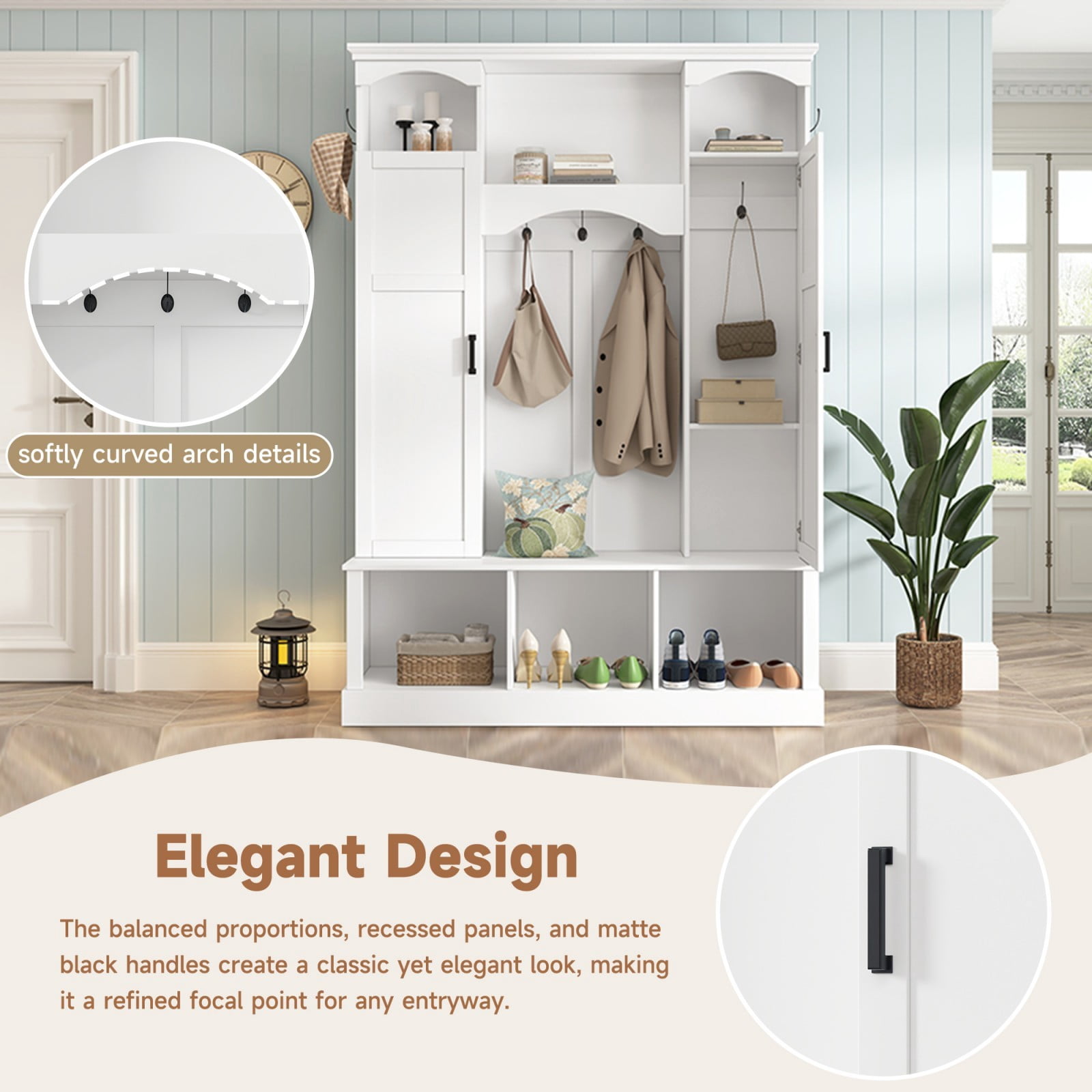 Modern Farmhouse Entryway Hall Tree with Bench, All-in-One Coat Rack Shoe Storage with 2 Side Cabinets, Adjustable Shelves & 7 Hooks, Arched Hallway Organizer for Mudroom Entryway, White