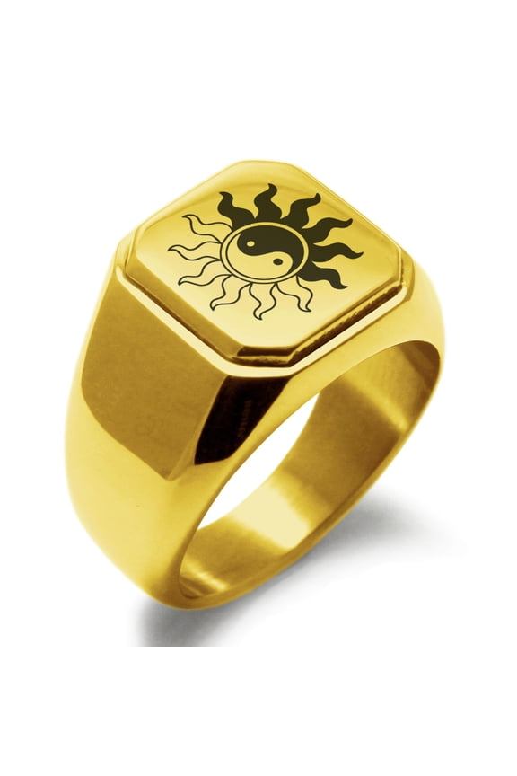 Stainless Steel Blazing Sun Yin Yang Engraved Square Flat Top Biker Style Polished Signet Ring