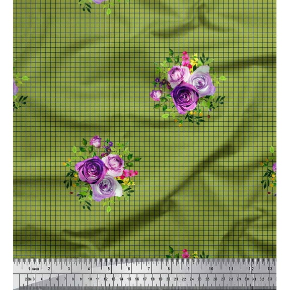 Soimoi Green Cotton Voile Fabric Leaves,Artistic Floral & Check Print Sewing Fabric BTY 42 Inch Wide