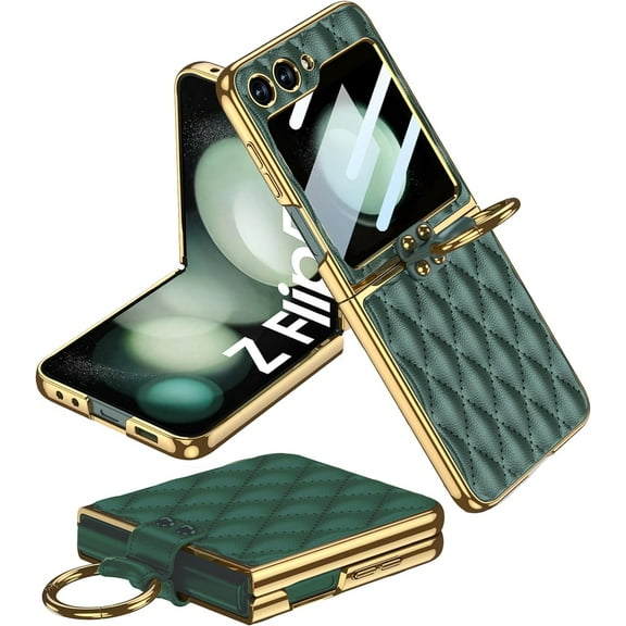 Leather Case with Metal Ring Holder Stand Compatible with Galaxy Z Flip 5, Built-in Screen Protector, Leather Cover with Electroplating Frame Ultra-Thin Case Cover for Z Flip 5 (Deep Green)