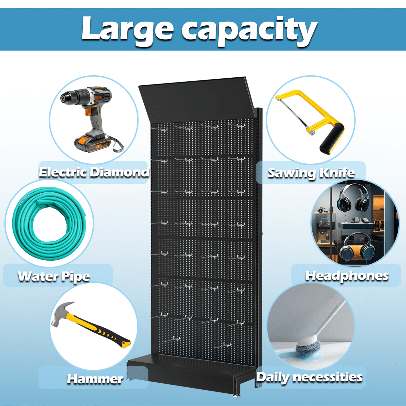 Ztysn Metal Pegboard Stand Shelf,with 30 Hooks,85x36x13 in,Garage Tool Storage Pegboard Organizer Retail Display Rack for Craft Shows,Exhibition Hall/Black