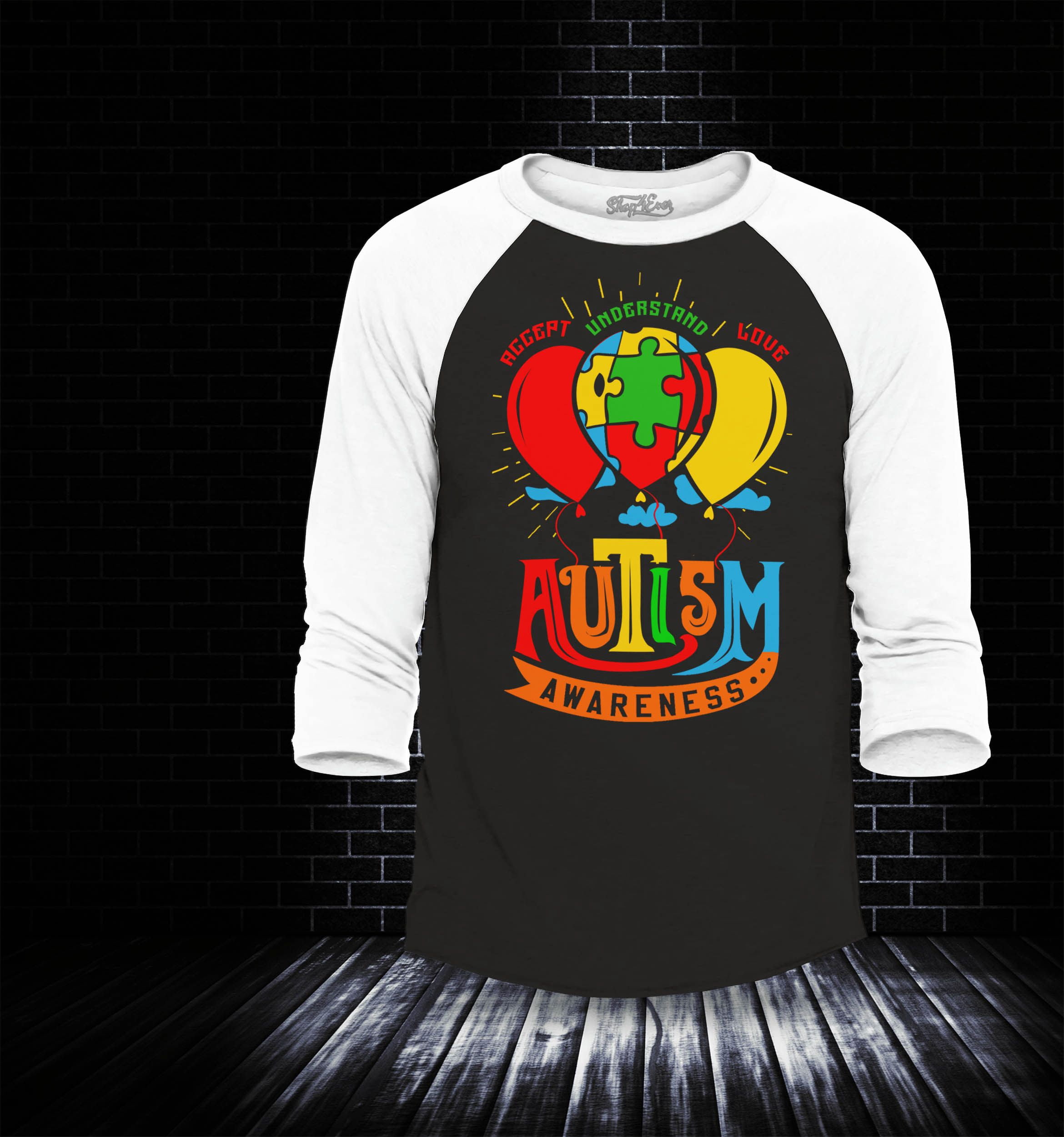 Shop4Ever Men's Accept Understand Love Autism Awareness Balloons Raglan Baseball Shirt Medium Black/White